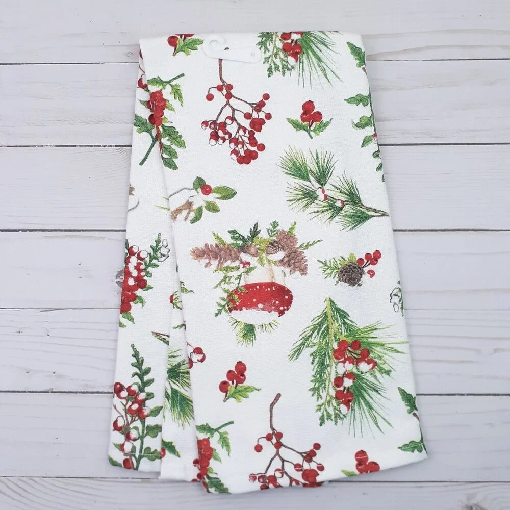 Kitchen Dish Towel Winter Snow Capped Mushroom Woodland Forest Dual Purpose